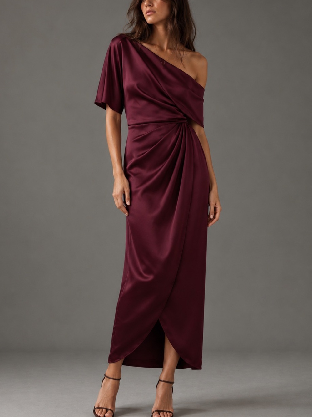 Elegant One-Shoulder Burgundy Evening Dress